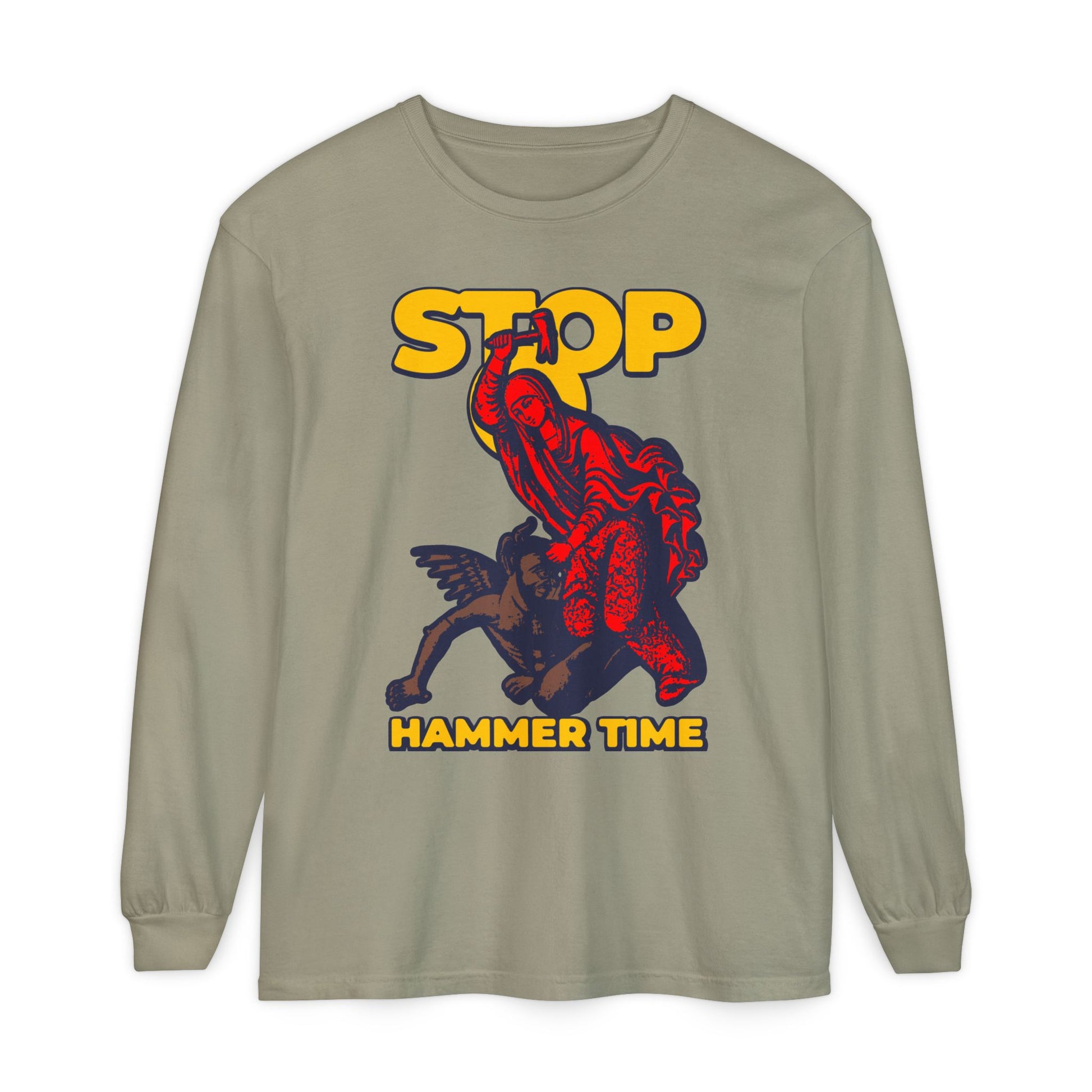 Khaki long-sleeve featuring St Marina of Antioch beating the devil with a hammer and "Stop, Hammer Time" meme in red, blue, and yellow—a modern Orthodox design for Christian humor fans.