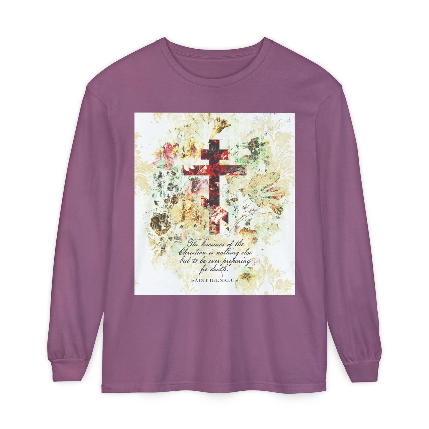 Preparing For Death | White & Beige Floral Scrapbook Texture Cross | Arts & Crafts Style | St Irenaeus | Orthodox Christian Long Sleeve Shirt