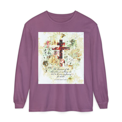 Preparing For Death | White & Beige Floral Scrapbook Texture Cross | Arts & Crafts Style | St Irenaeus | Orthodox Christian Long Sleeve Shirt