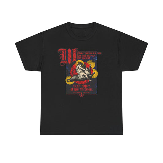 Black midweight cotton unisex t-shirt featuring Gustav Doré's vintage-style art (Samson slaying the lion), inspired by St. Macarius, with red gothic text "Whatever Passion a Man Does Not Bravely War Against" above and below the image, symbolizing triumph over earthly cares.