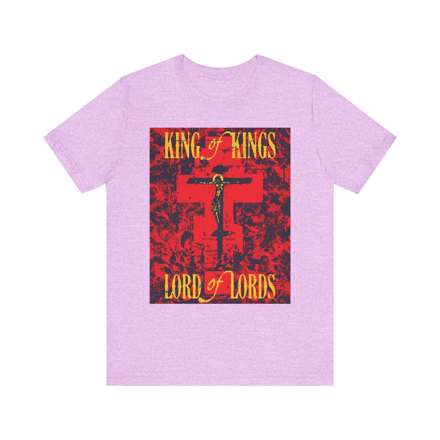 Heather Prism Lilac lightweight cotton unisex t-shirt featuring a yellow and red "King of Kings, Lord of Lords" Christ Crucified Orthodox icono-graphic design with cross and nature texture, inspired by the Word of God.