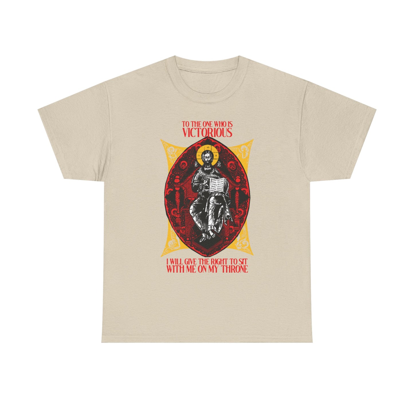 Sand-colored unisex tee featuring the “Christ is King, Enthroned In Glory IconoGraphic” and red text from Rev 3:21: “To the one who is victorious…I will give the right to sit with me on my throne.” Orthodox Christian midweight cotton.