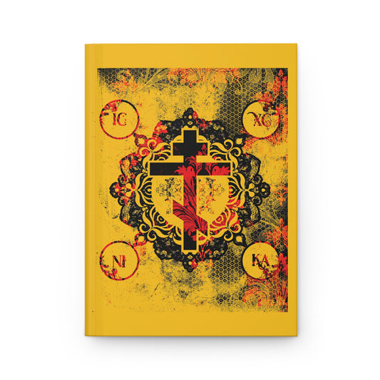 IC XC NIKA Orthodox Cross | Yellow & Red Modern & Medieval Textured Floral Design | Orthodox Christian Hardcover Journal