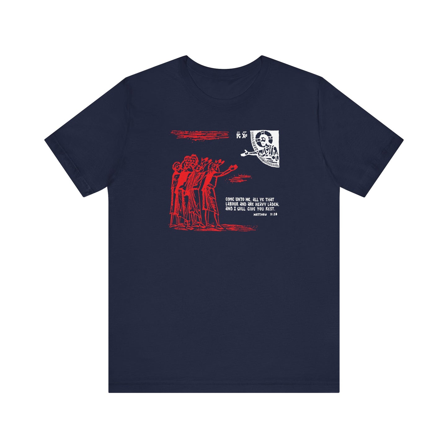 Navy cotton t-shirt featuring red icono-graphic designs and Orthodox Christian symbols, inspired by Matt. 11:28, with “Come Unto Me All Ye That Labour & Are Heavy Laden” accented by white text.