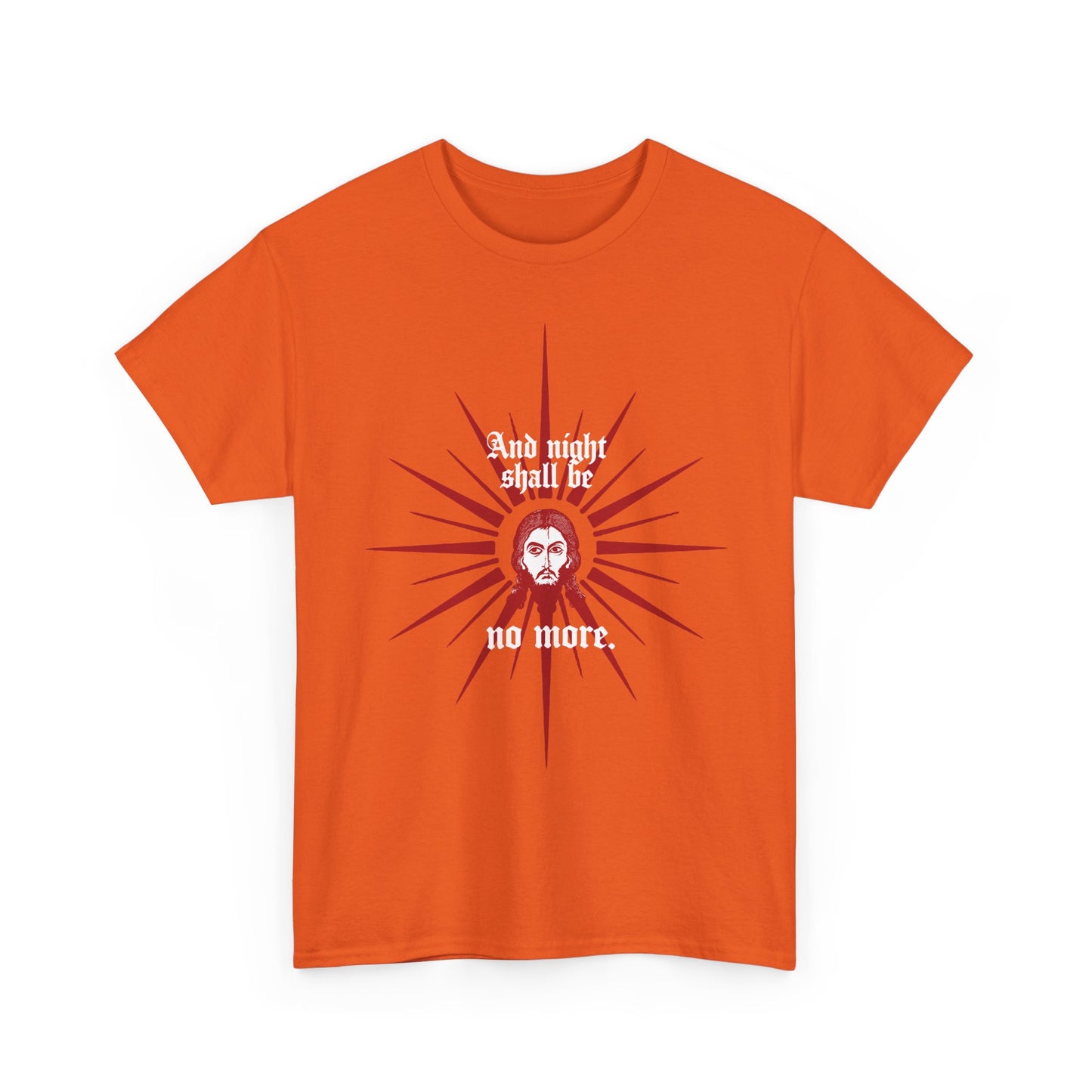 Red and white Orthodox Christian t-shirt featuring the face of Jesus Christ and the text "And Night Shall Be No More" (Rev 22:5), celebrating everlasting light.