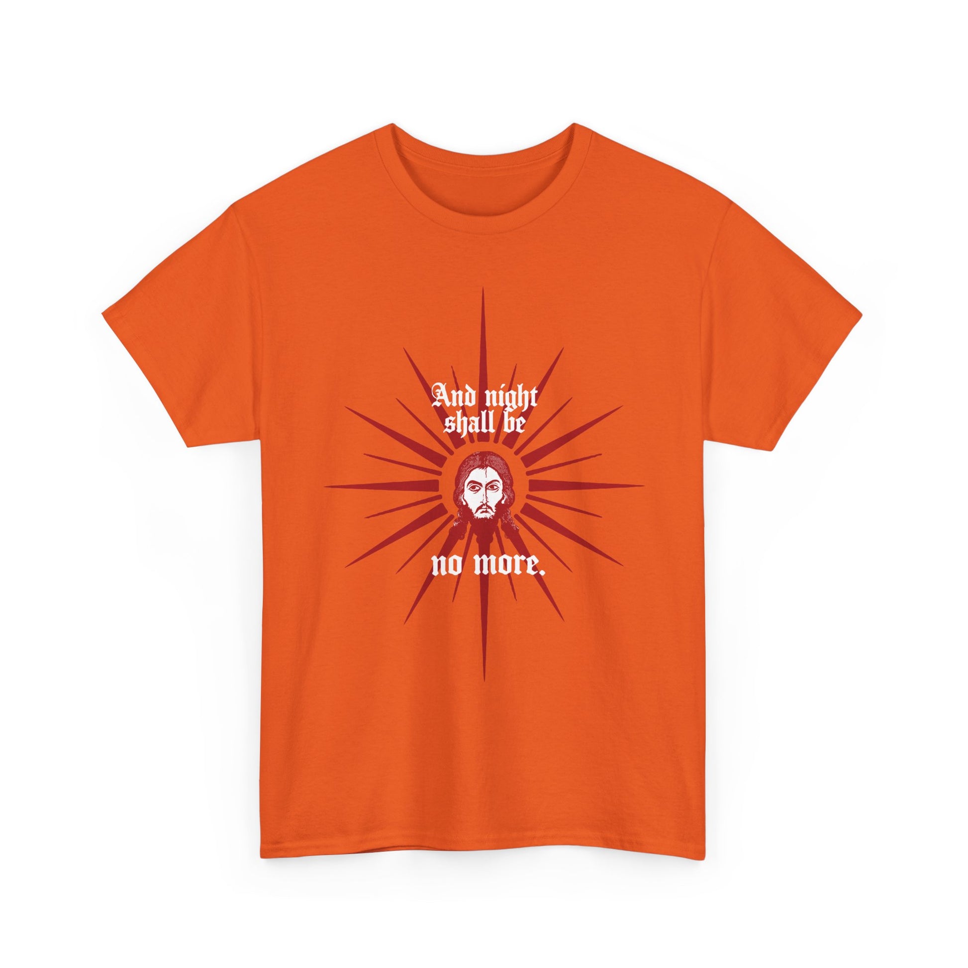 Red and white Orthodox Christian t-shirt featuring the face of Jesus Christ and the text "And Night Shall Be No More" (Rev 22:5), celebrating everlasting light.