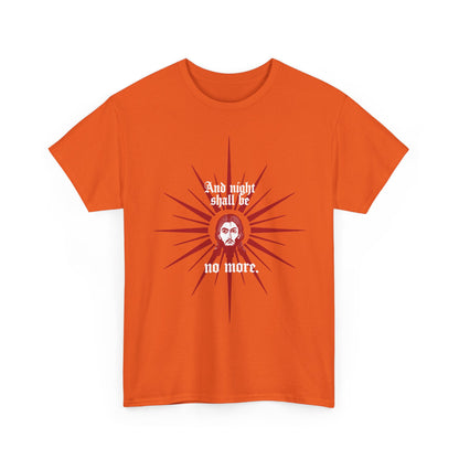 Red and white Orthodox Christian t-shirt featuring the face of Jesus Christ and the text "And Night Shall Be No More" (Rev 22:5), celebrating everlasting light.