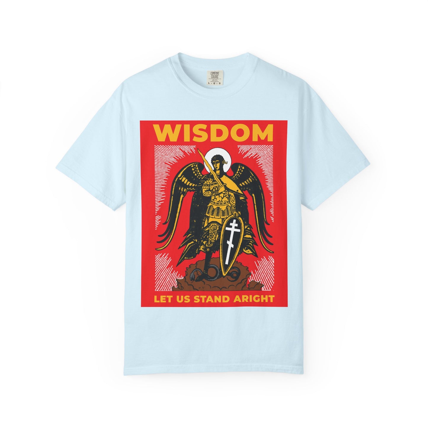 Chambray heavyweight cotton unisex tee featuring Archangel Michael the Warrior with shield and sword, Russian illustration, WISDOM above and LET US STAND ARIGHT below. "Wisdom: Let Us Stand Aright" Orthodox T-shirt.