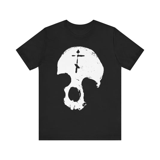 Black "Skull With Orthodox Cross" lightweight cotton unisex tee featuring a bold white skull graphic with a vertical black line on the forehead—a striking memento mori inspired by St Ignatius Brianchaninov, reminding us that all is vanity.