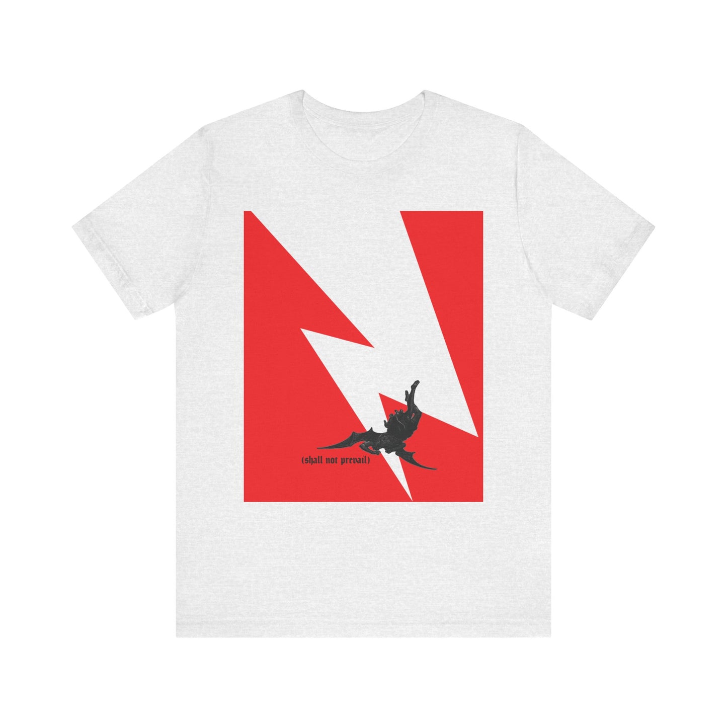 Ash-colored unisex tee featuring a minimalist red lightning bolt, a black falling figure, and the text "(shall not prevail)"—a striking design inspired by Luke 10:18 and Bible verses about Satan’s fall from heaven and the dangers of pride.