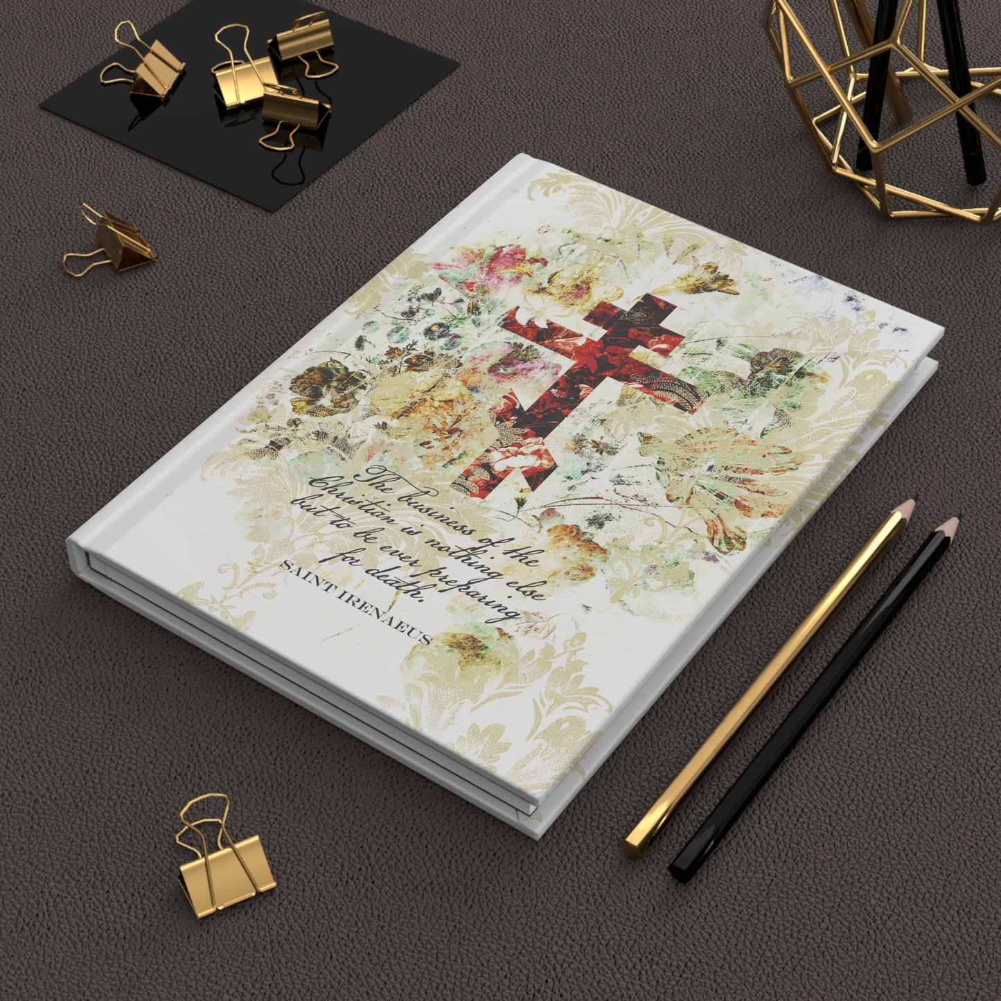 Preparing For Death | White & Beige Floral Scrapbook Texture Cross | Arts & Crafts Style | St Irenaeus | Orthodox Christian Hardcover Journal