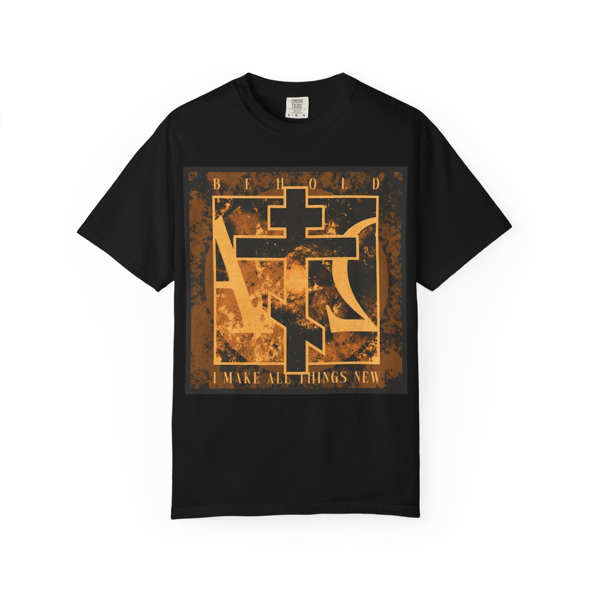 Black heavyweight cotton unisex T-shirt featuring a brown and orange Orthodox cross with Alpha & Omega background and the text: "Behold, I Make All Things New (Rev 21:5)"—inspired by the promise of a new heaven and new earth.