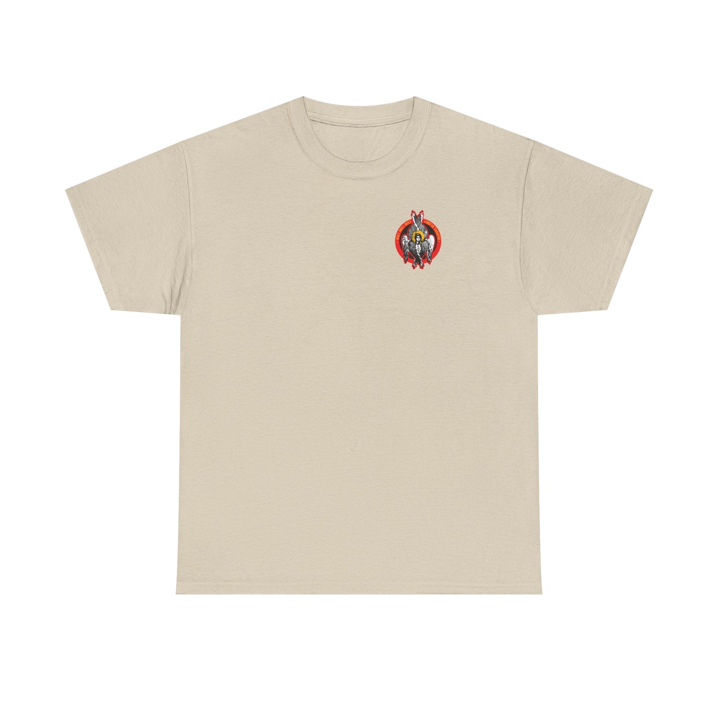 Sand t-shirt with a small Holy Holy Holy Seraphim Angel icono-graphic on the left chest, inspired by heavenly hosts of God and divine council. Midweight cotton unisex fit.