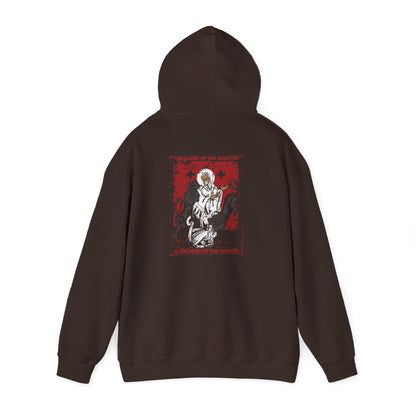 Blood of Martyrs is Seed of the Church hoodie in brown featuring St. Ignatius, lions, and the Tertullian maxim.