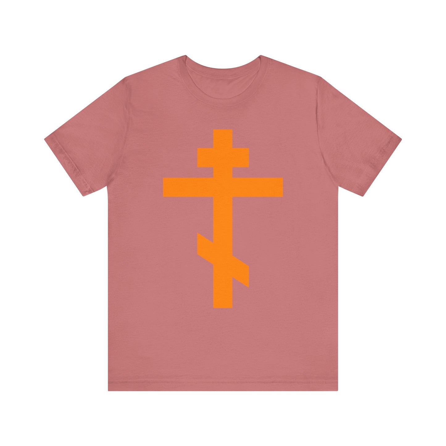 A mauve "Orange Orthodox Tribar Cross" unisex t-shirt featuring a large orange Eastern Orthodox cross and the message "Preserve Thy People By Thy Cross, O Lord | Christ is King," made from lightweight cotton.