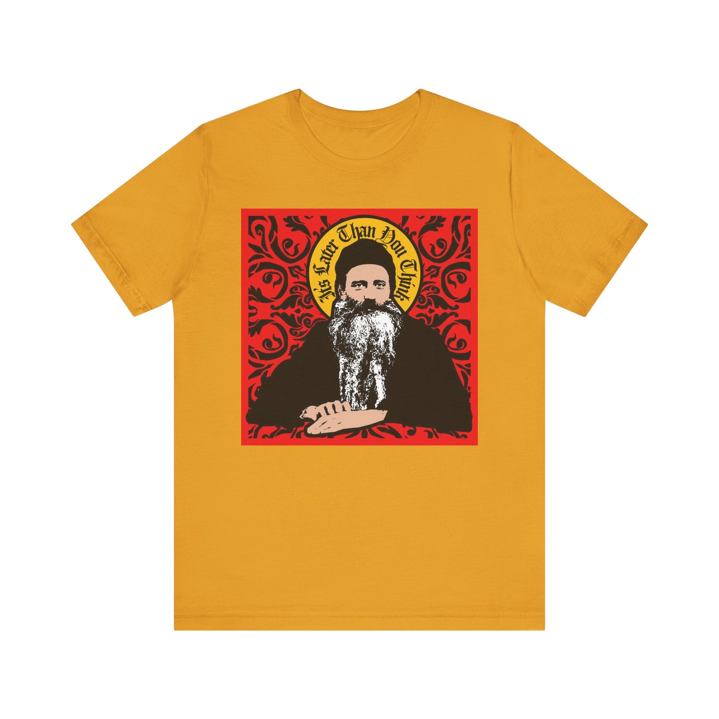 Mustard "It's Later Than You Think" tee in lightweight cotton features a red ornate design and Saint Seraphim Rose of Platina icono-graphic style. Unisex fit, inspired by Orthodoxy and the Religion of the Future.
