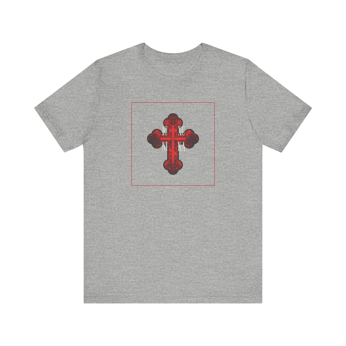 Athletic Heather tee with a red, ornate ICXC NIKA Orthodox Cross centered on the front, symbolizing salvation. Lightweight cotton unisex design.