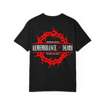 Sure! Here’s a rewritten version using the given product data: Black "Always Live In Remembrance of Death" Orthodox heavyweight cotton unisex tee featuring a red crown of thorns and white text on the back, with a red cross on the front left breast—design inspired by the teachings of St John Climacus.