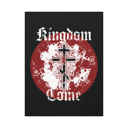 A black canvas art featuring “Kingdom Come” in a textured Gothic font, an Orthodox cross with vine, and a distressed red and white background—drawing from the Lord’s Prayer.