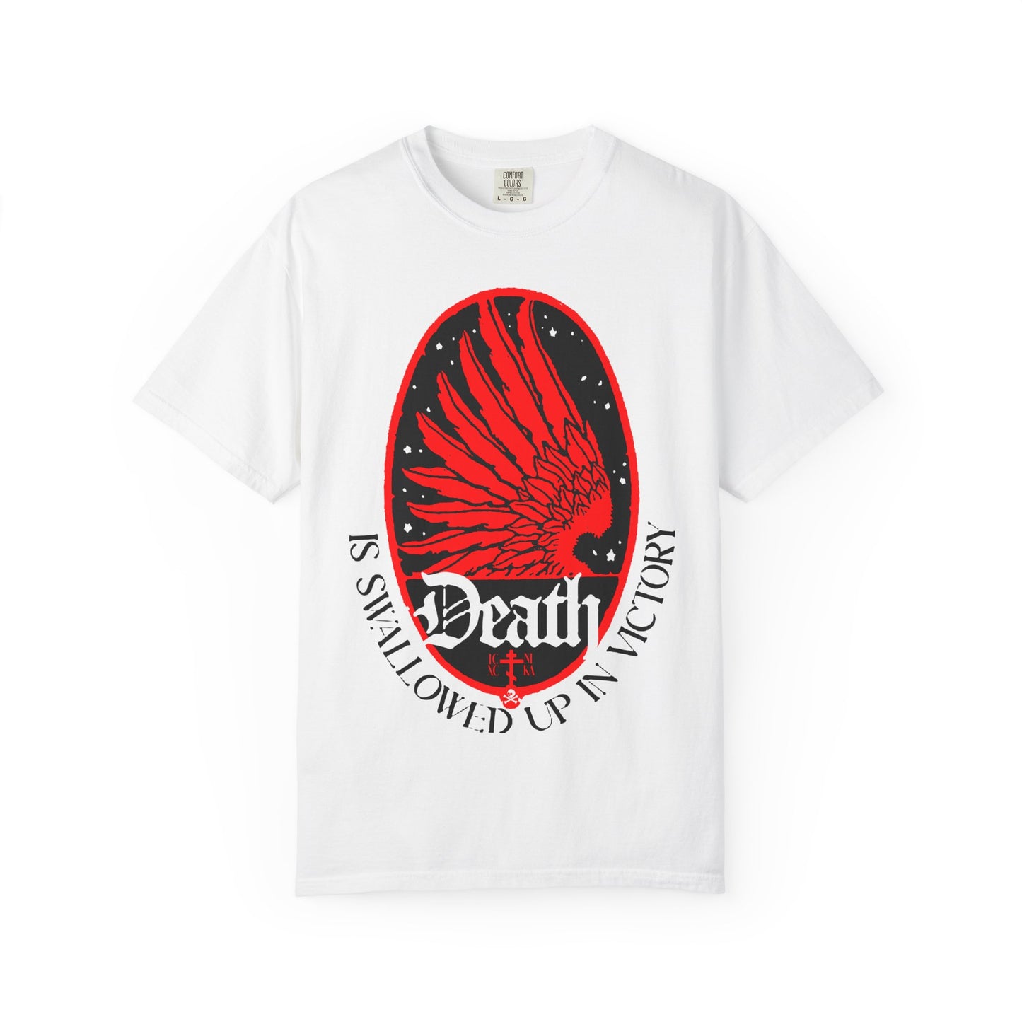 White heavyweight cotton unisex tee featuring an Art Nouveau eagle wing and stars graphic in red, with the text “Death is Swallowed Up In Victory (1 Cor 15:54),” symbolizing immortality and the triumph of victory over death—an Orthodox Christian design.