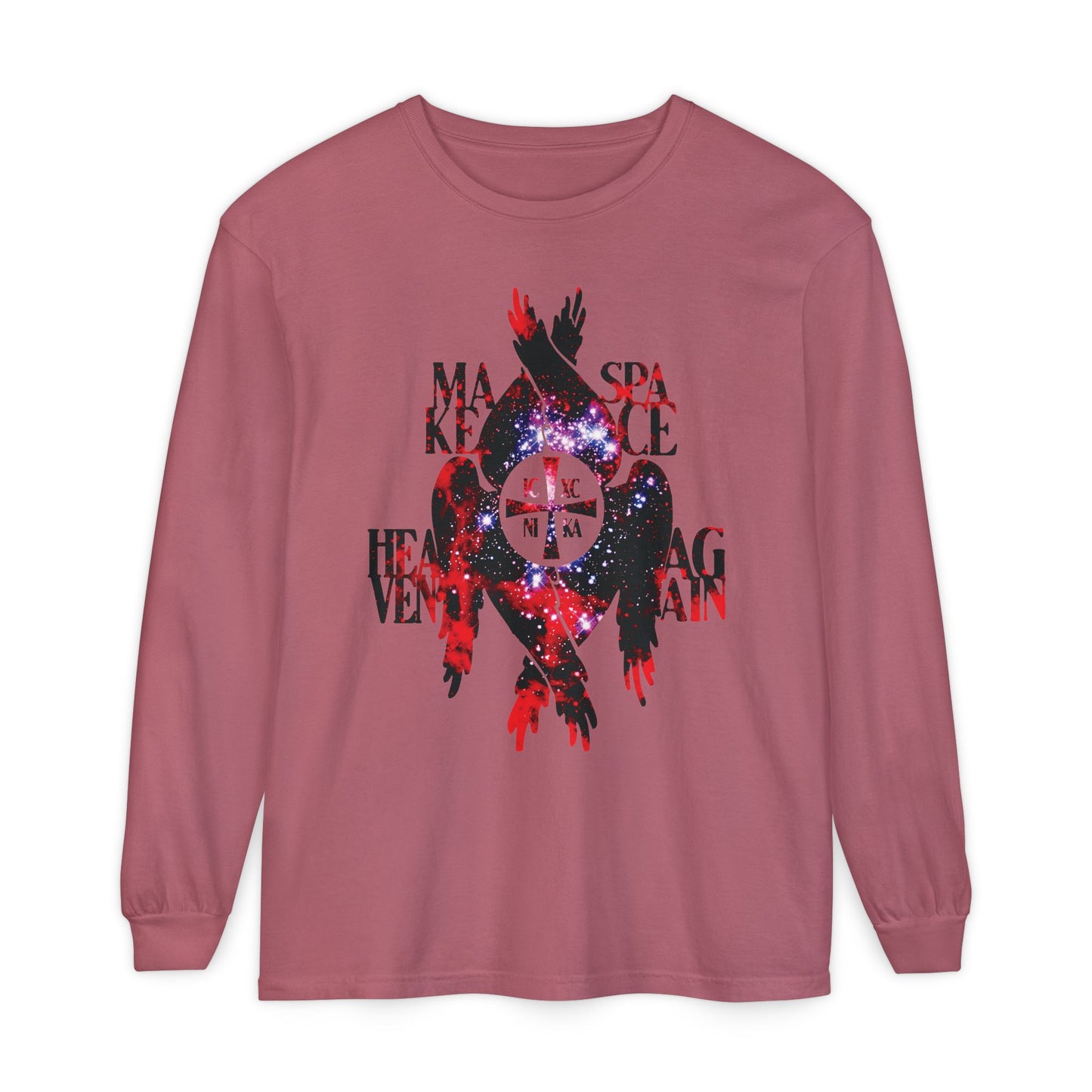 Crimson long-sleeve "Make Space Heaven Again" shirt with ICXC NIKA Cross, cosmic textures, seraphim wings, and Orthodox Christian-inspired bold text.