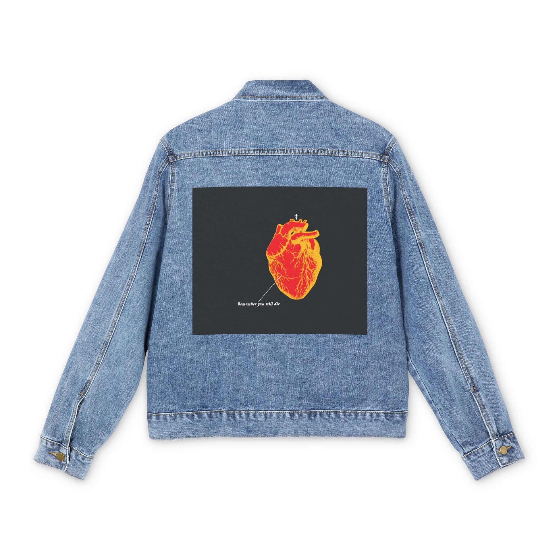 Medium denim wash jean jacket featuring an inverted red & orange anatomical heart and "Remember You Will Die" graphic—a bold memento mori and Orthodox Christian-inspired reminder of mortality and the soul’s journey.