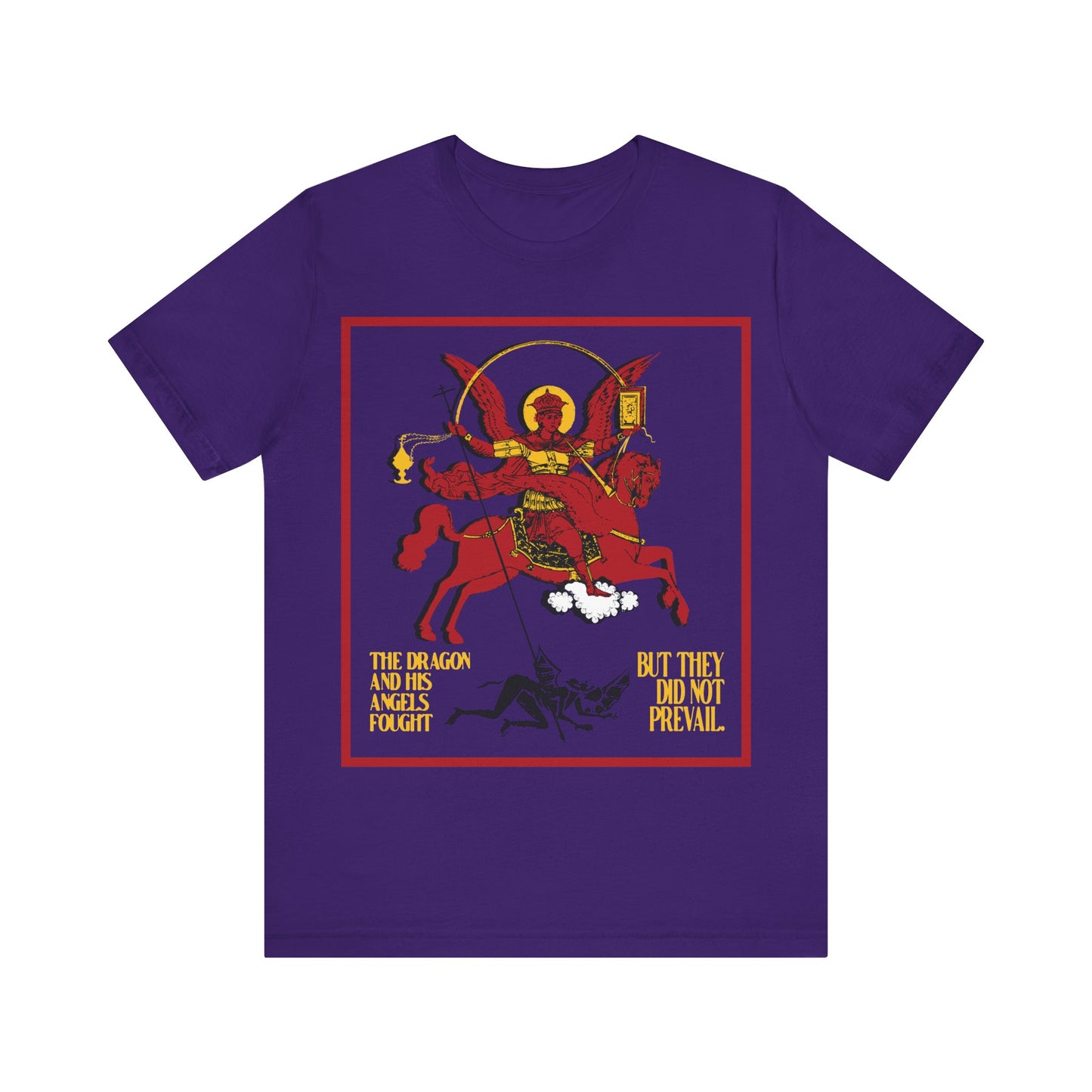 Archangel Michael of the Apocalypse IconoGraphic (Revelation 12:7-8) | Red Angel and Horse on Blue Background | Orthodox Christian T-Shirt