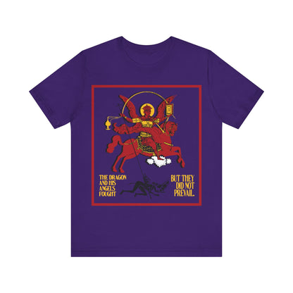 Archangel Michael of the Apocalypse IconoGraphic (Revelation 12:7-8) | Red Angel and Horse on Blue Background | Orthodox Christian T-Shirt