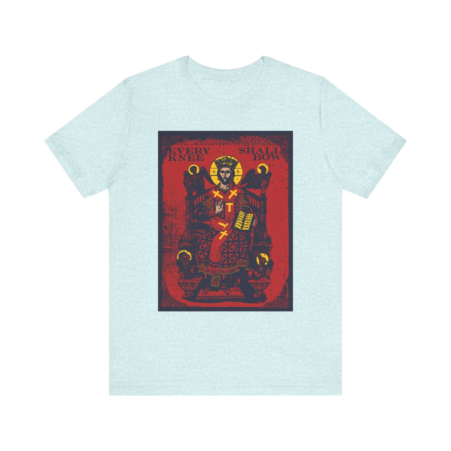 Heather Prism Ice Blue unisex t-shirt featuring Christ Enthroned IconoGraphic on Ezekiel's Chariot with "Every Knee Shall Bow" text (Phil 2:8-11, Isaiah 45:23), declaring Jesus Christ is Lord. Lightweight cotton.