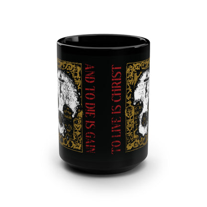 To Live is Christ, to Die is Gain (Philippians 1:21) | Skull with Cross on Gold Manuscript Texture | Orthodox Christian Black Mug