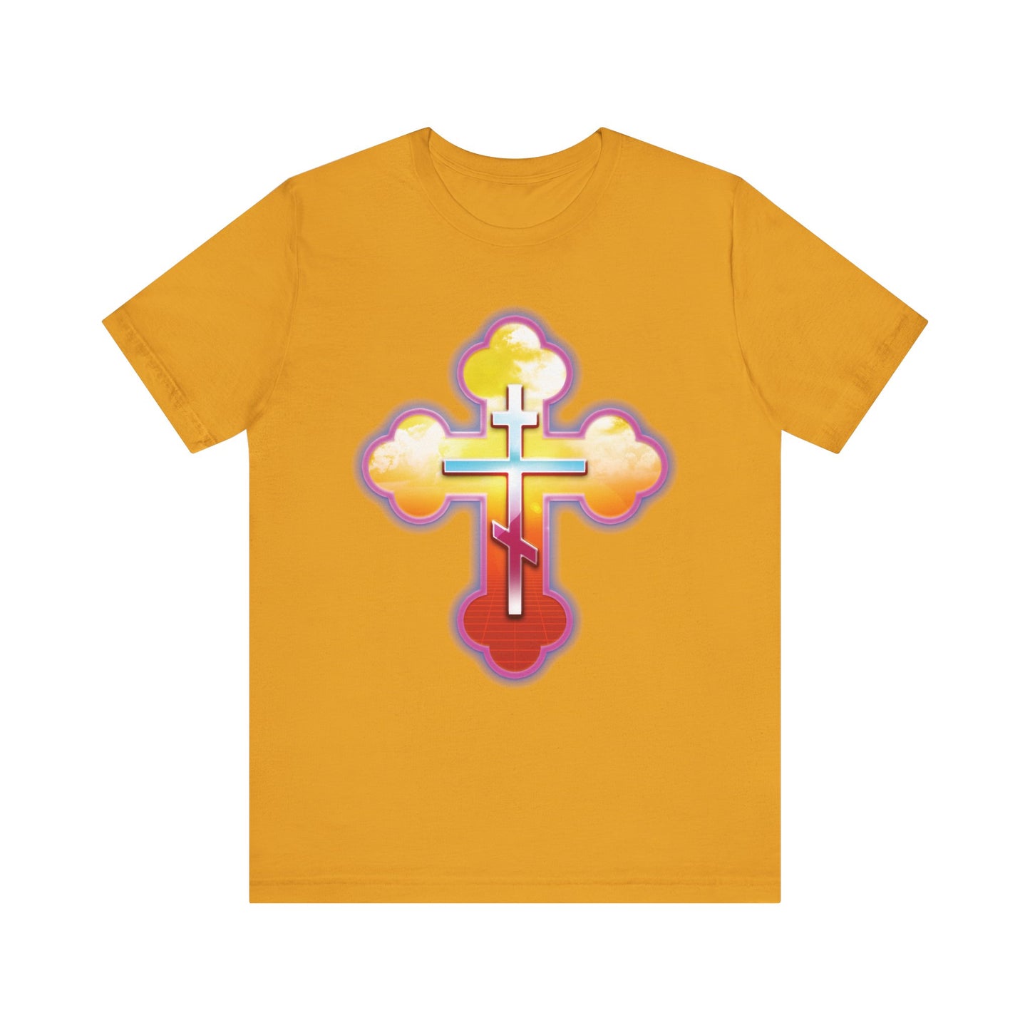 80s Synthwave Retrowave Outrun Aesthetic | Glowing & Reflective Gold & Red Three-Bar Cross | Lightweight Cotton Unisex Tee