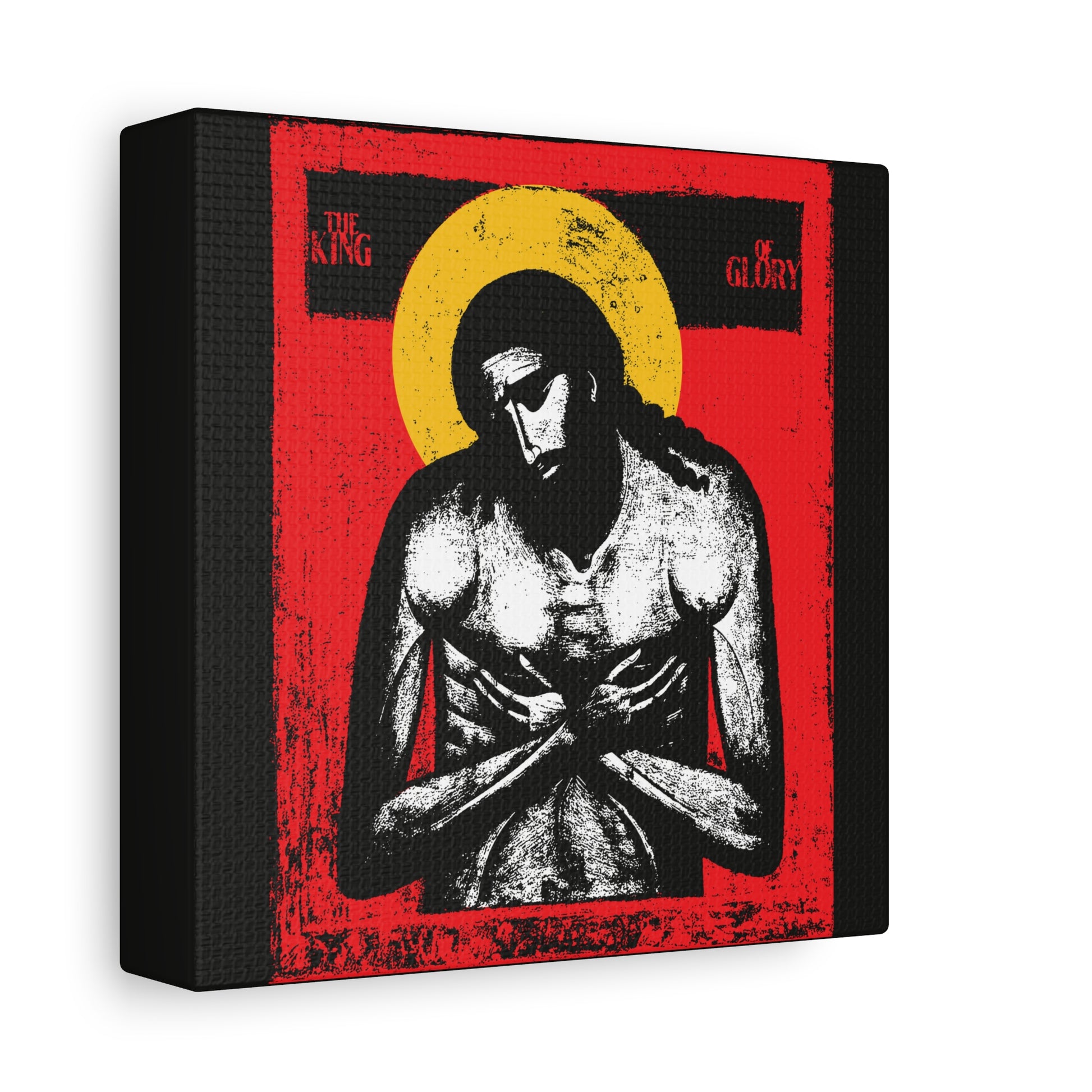 Striking icon-style art of Jesus Christ from "The King of Glory Jesus Christ 'Extreme Humility' IconoGraphic," featuring a yellow halo on red, with devotional text—powerful Christian wall art in red, yellow, white, and black, inspired by Isaiah 53 themes.