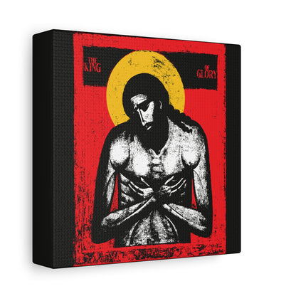 Striking icon-style art of Jesus Christ from "The King of Glory Jesus Christ 'Extreme Humility' IconoGraphic," featuring a yellow halo on red, with devotional text—powerful Christian wall art in red, yellow, white, and black, inspired by Isaiah 53 themes.