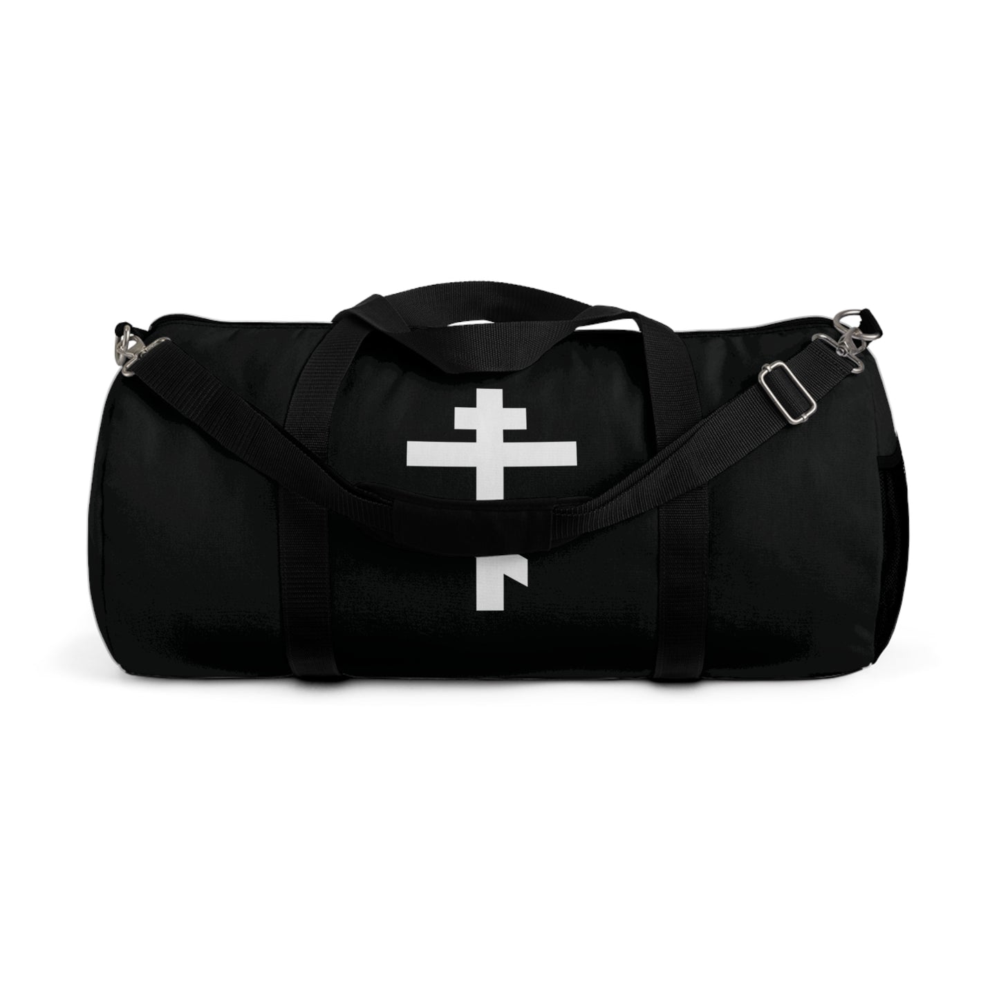 A black gym duffel bag featuring a white Orthodox cross and the quote “May I never boast, except in the cross of our Lord Jesus Christ” (Gal 6:14), inspired by Orthodox Christian faith.