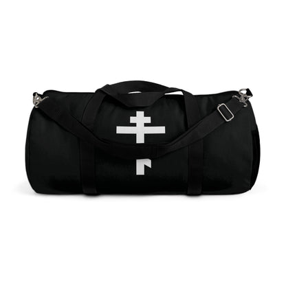 A black gym duffel bag featuring a white Orthodox cross and the quote “May I never boast, except in the cross of our Lord Jesus Christ” (Gal 6:14), inspired by Orthodox Christian faith.