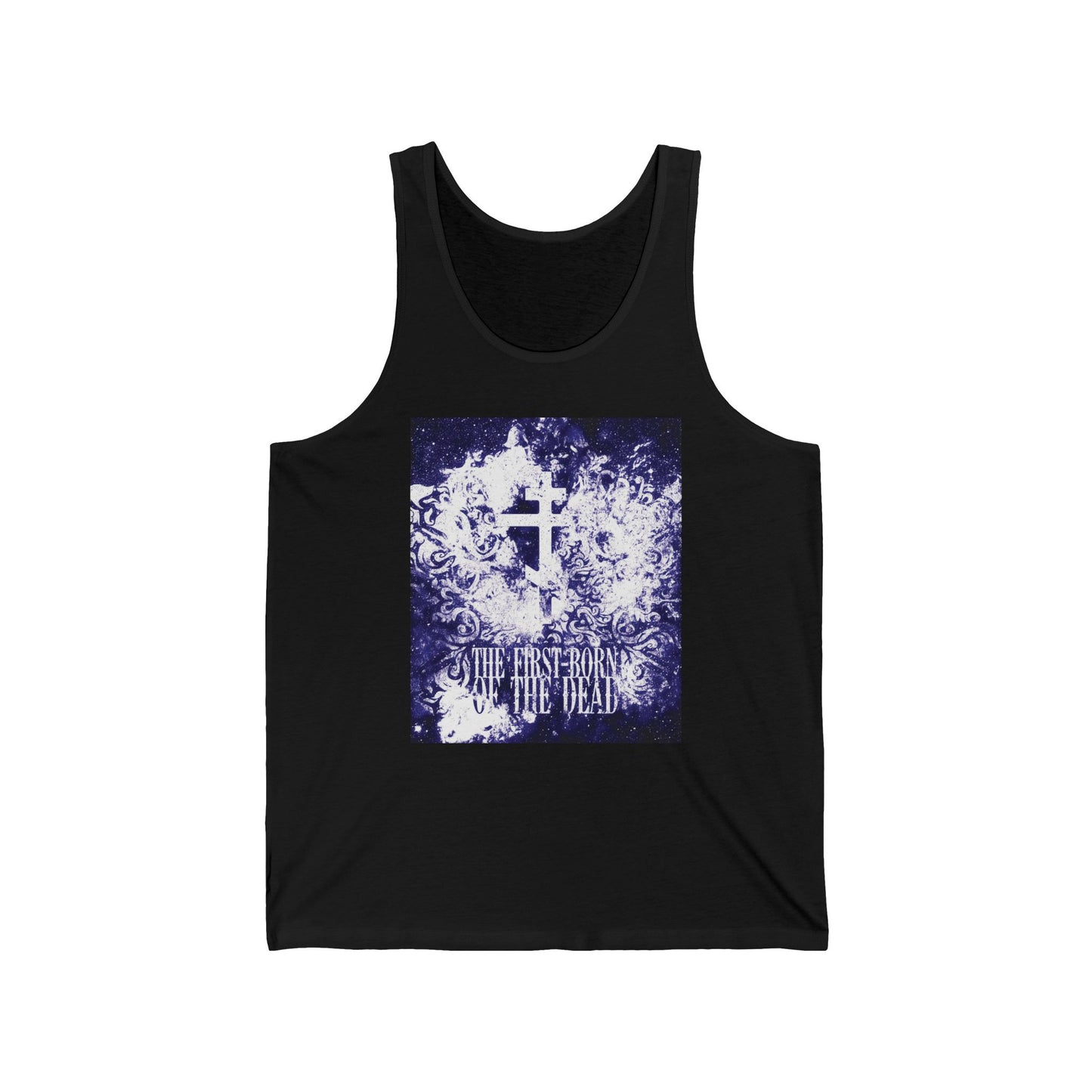 Black tank top featuring a glowing white and blue textured cosmic Orthodox cross with “The First-Born of the Dead” text, referencing Jesus Christ’s resurrection; a unique Orthodox Christian design.