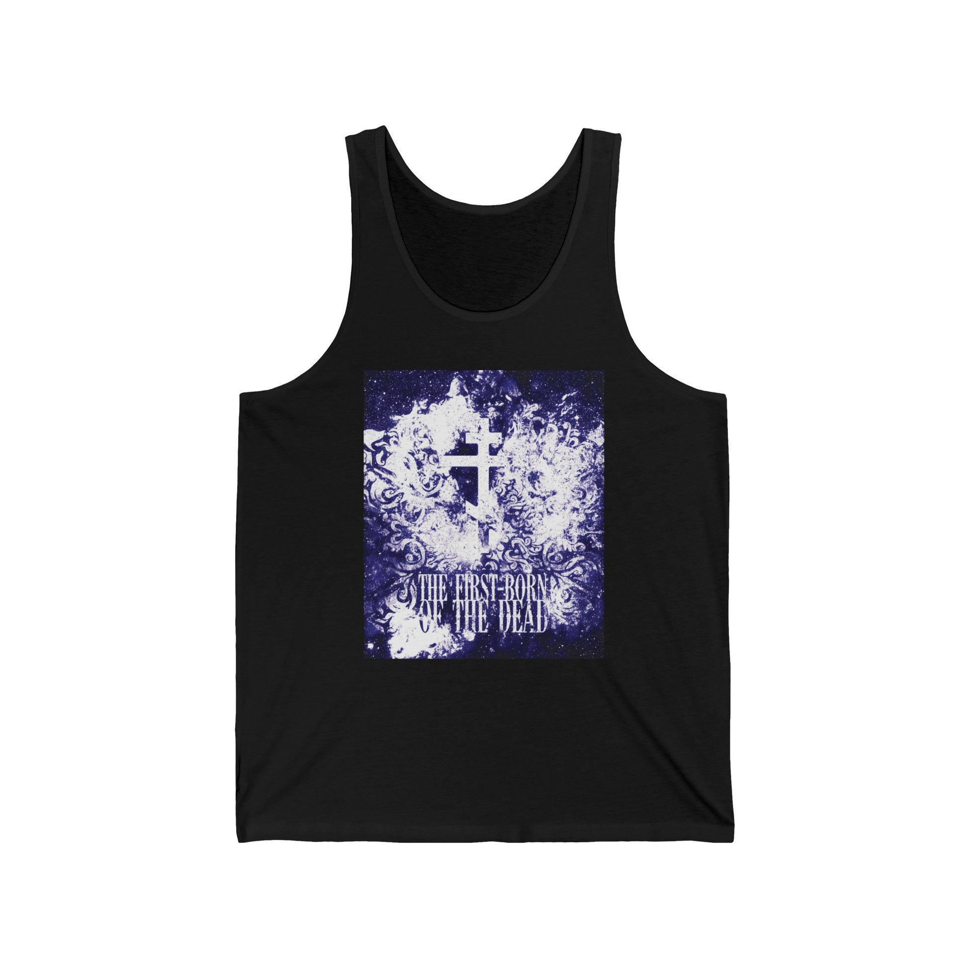 Black tank top featuring a glowing white and blue textured cosmic Orthodox cross with “The First-Born of the Dead” text, referencing Jesus Christ’s resurrection; a unique Orthodox Christian design.