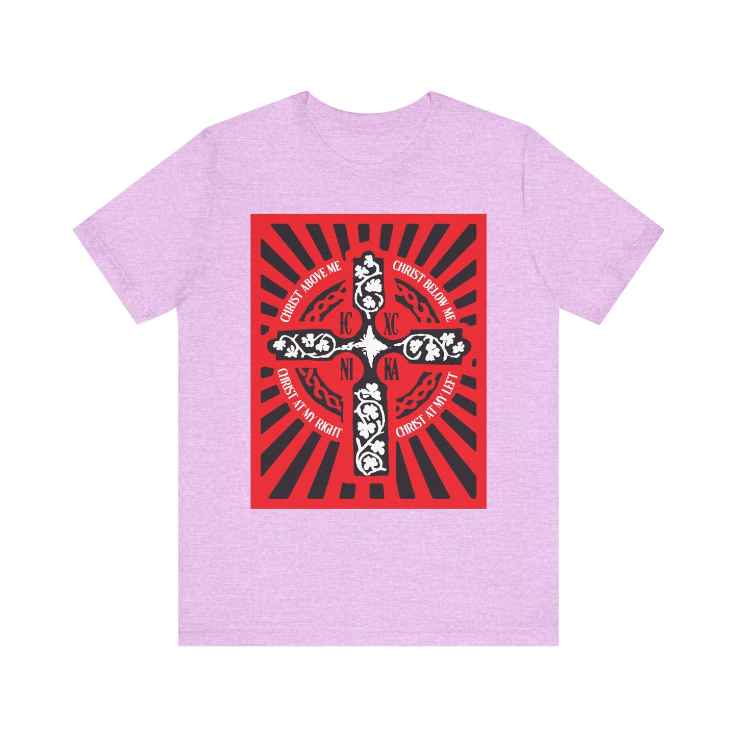 Heather Prism Lilac unisex tee featuring a red ICXC NIKA Enniskillen Celtic Cross with black accents and white text radiating from the center on the back, inspired by the Lorica of St. Patrick (Shield Prayer)—a powerful Orthodox Christian prayer for protection and blessing.