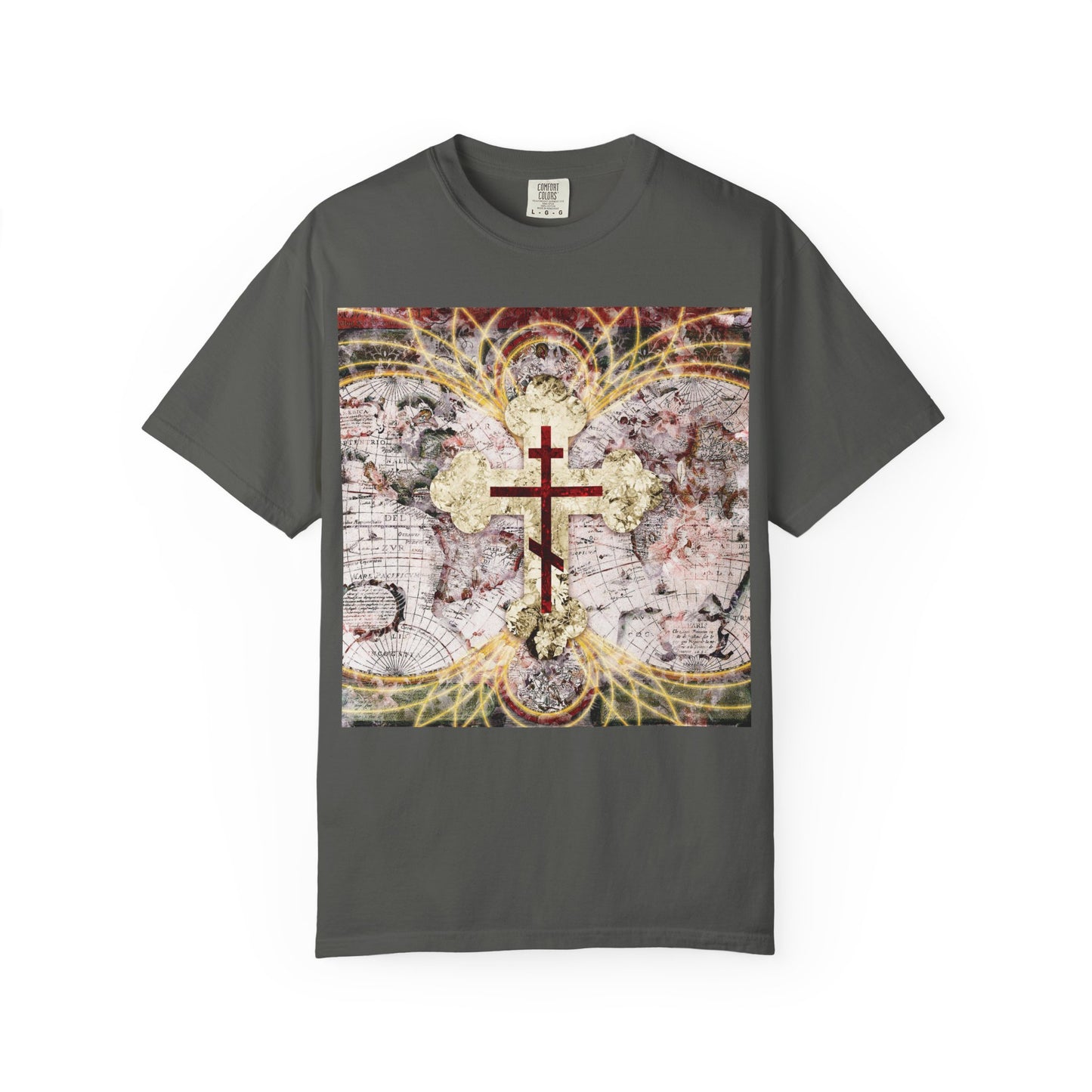Pepper-colored heavyweight cotton unisex tee featuring a red Orthodox cross over an antique map with glowing magnetic lines and ornate yellow and gold decorative patterns, inspired by the keys of Death and Hades from Revelation 1:18—a powerful Bible verse. Product name: “Red Orthodox Cross on Antique Map with Glowing Magnetic Lines | Conqueror of Death.”.