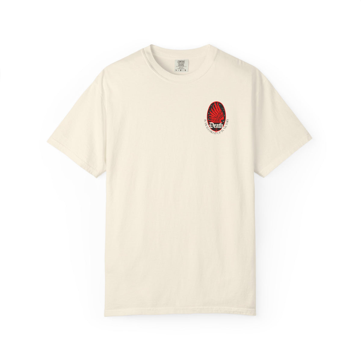 Ivory Death is Swallowed Up In Victory T-Shirt with a red eagle wing and star graphic.