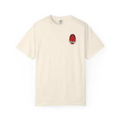 Ivory Death is Swallowed Up In Victory T-Shirt with a red eagle wing and star graphic.