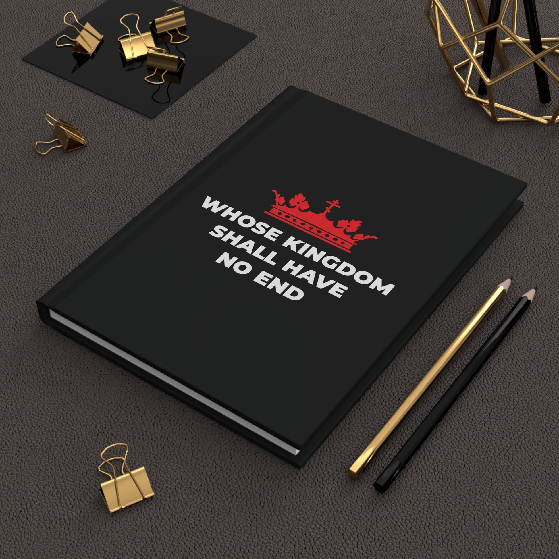 Whose Kingdom Shall Have No End hardcover journal features a red Orthodox cross crown and Nicene Creed text—a Christian eschatology-inspired reminder of Jesus Christ's everlasting kingship.