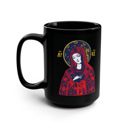 Joy of All Joys Tenderness Theotokos Iconographic Based on Traditional Orthodox Iconography | Red Design | Orthodox Christian Black Mug