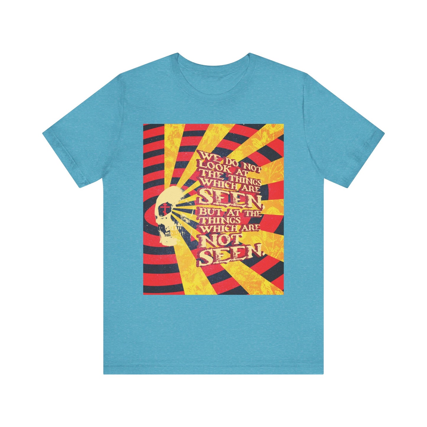 Heather aqua unisex lightweight cotton tee featuring a Giallo horror movie poster aesthetic and the quote: “We do not look at the things which are seen but at the things not seen,” inspired by 2 Corinthians 4:18—a meaningful Orthodox Christian reminder to focus on eternal life and spiritual riches.