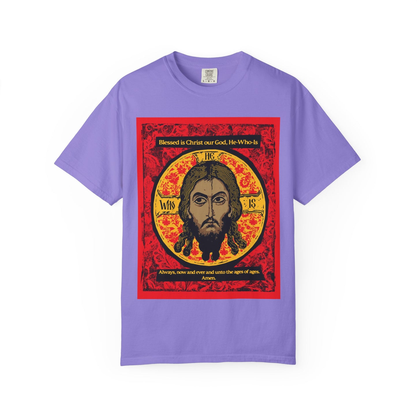 Violet “Made Without Hands (Mandylion/Image of Edessa)” heavyweight cotton unisex t-shirt with an Orthodox iconographic design of Jesus Christ, inspired by the Troparion Tone 2 and the tradition of Christ veneration.