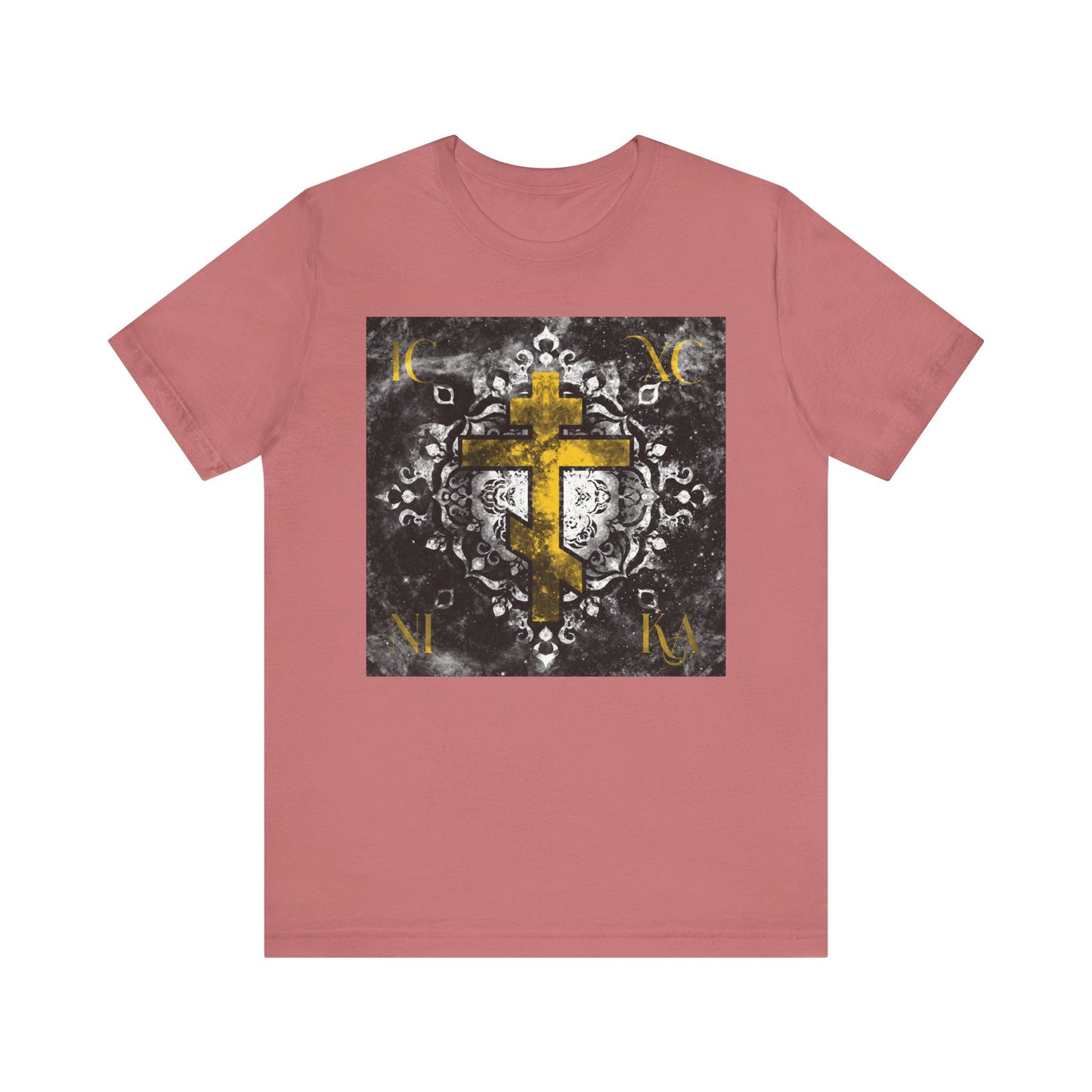 Gold ICXC NIKA Orthodox Cross on a grayscale ornate floral texture background, featured on a lightweight cotton unisex tee—Orthodox Christian apparel inspired by Wednesday Matins and reflecting deep reverence for Christ God.