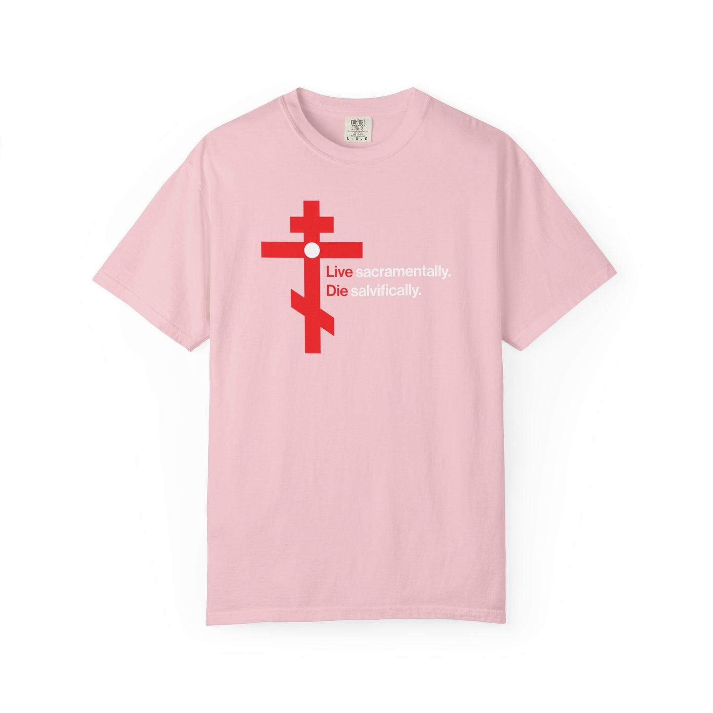 Live Sacramentally, Die Salvifically | Remember You Will Die | Memento Mori | Red Orthodox Cross White Circle | Heavyweight Cotton Unisex Tee