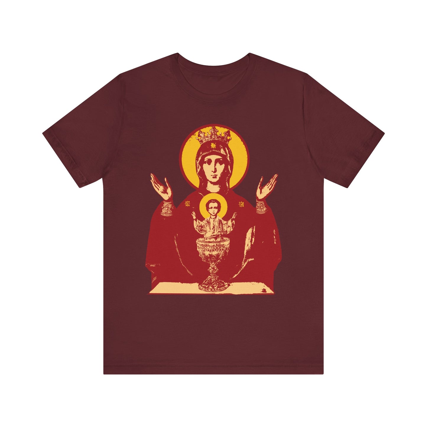 Maroon Holy Theotokos IconoGraphic of the Inexhaustible Chalice t-shirt, featuring a gold and red icon of the Virgin Mary and Child—Deliverer from Addictions and Conqueror of Passions. Lightweight cotton unisex fit.