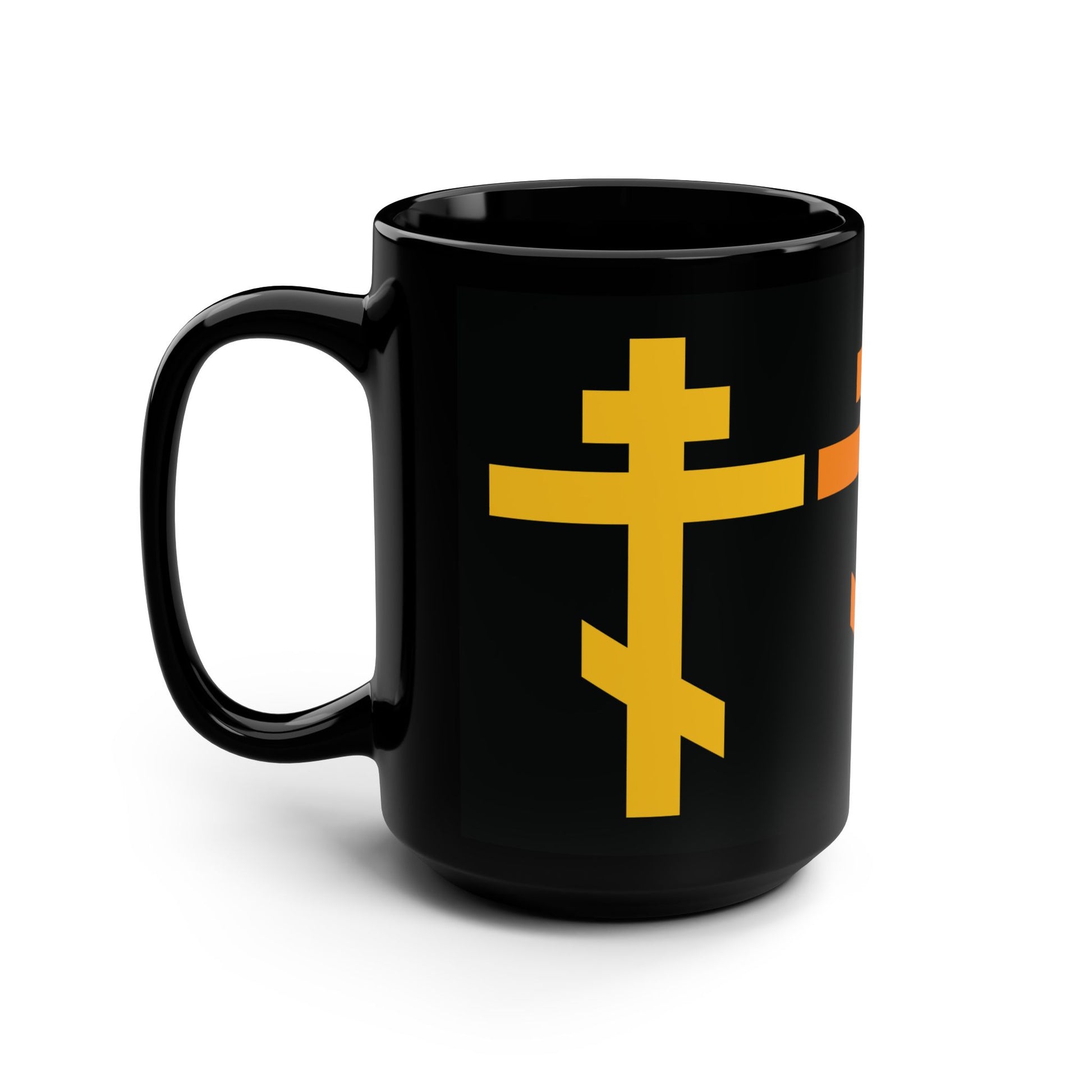 Black mug featuring yellow, orange, and red Orthodox crosses with the phrase "May I never boast, except in the cross of our Lord Jesus Christ" (Gal 6:14), from the Orthodox Black Mug collection, displayed on a white background.