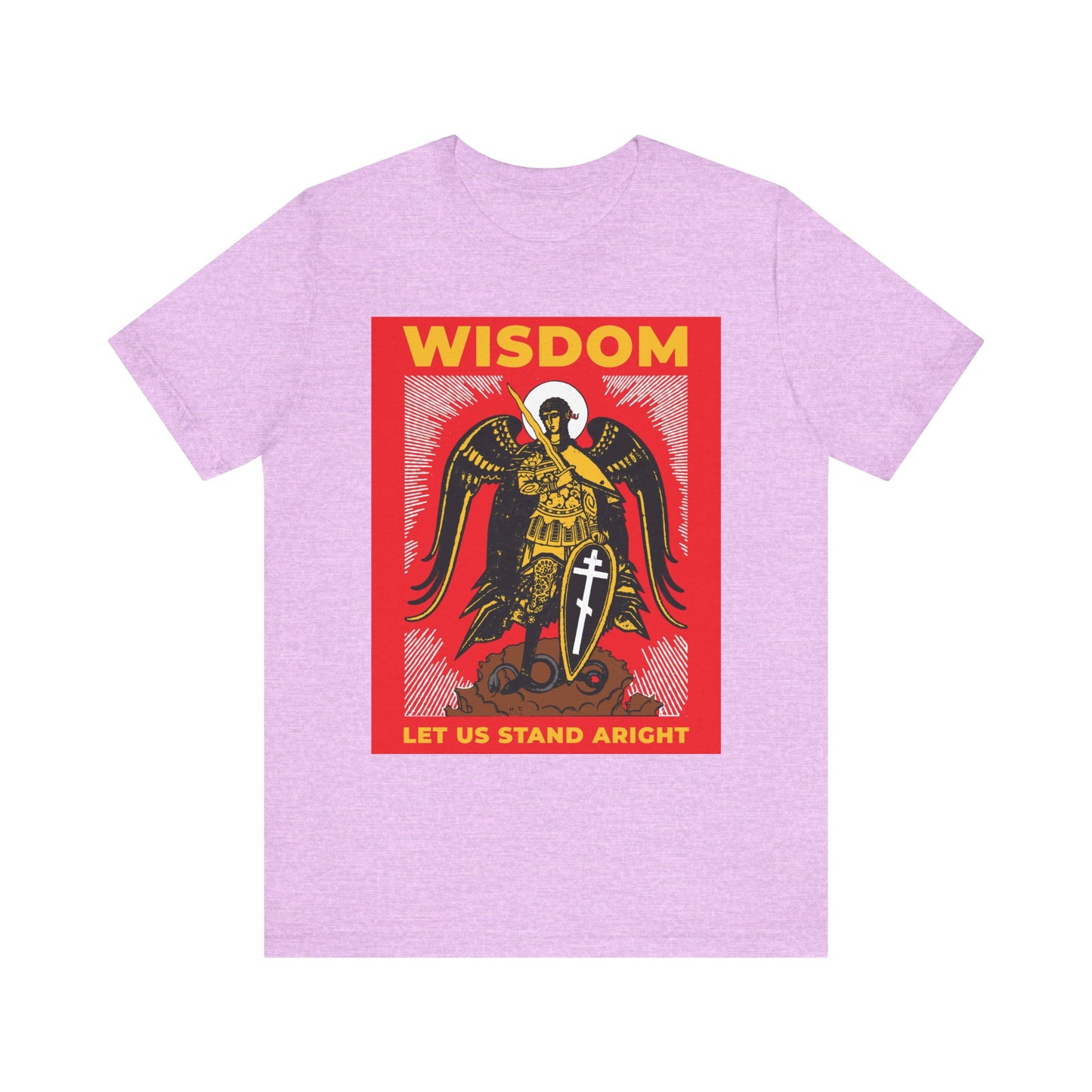 Heather Prism Lilac tee featuring Archangel Michael the Warrior with shield and sword, Russian illustration, and “LET US STAND ARIGHT” text—Orthodox lightweight cotton unisex design inspired by Revelation 12.